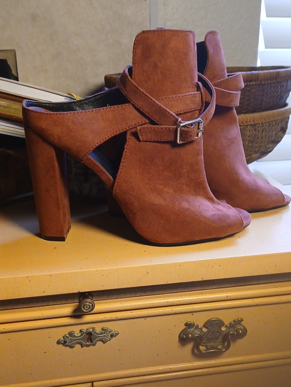 Rust Suede Buckle High Heel Mules